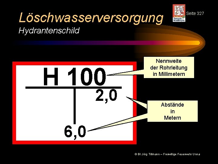 Löschwasserversorgung Seite 327 Hydrantenschild H 100 2, 0 Nennweite der Rohrleitung in Millimetern Abstände