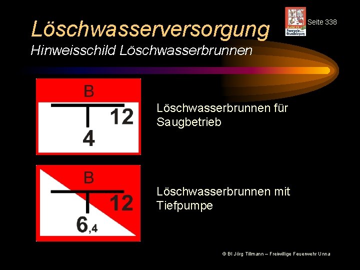 Löschwasserversorgung Seite 338 Hinweisschild Löschwasserbrunnen für Saugbetrieb Löschwasserbrunnen mit Tiefpumpe © BI Jörg Tillmann