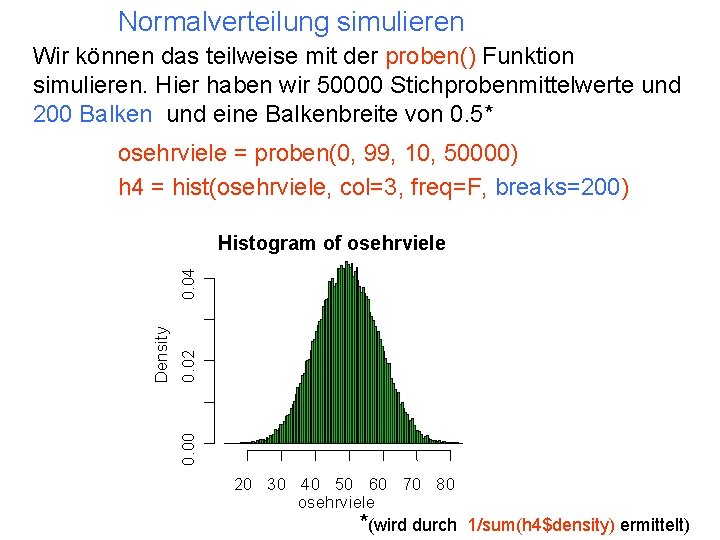 Normalverteilung simulieren Wir können das teilweise mit der proben() Funktion simulieren. Hier haben wir