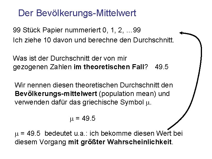 Der Bevölkerungs-Mittelwert 99 Stück Papier nummeriert 0, 1, 2, … 99 Ich ziehe 10