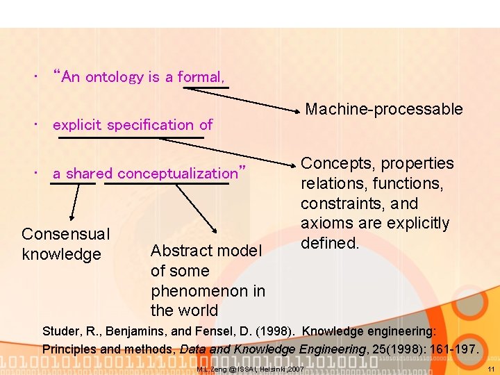  • “An ontology is a formal, Machine-processable • explicit specification of • a