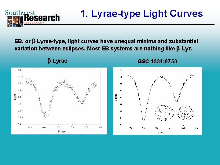 1. Lyrae-type Light Curves EB, or Lyrae-type, light curves have unequal minima and substantial
