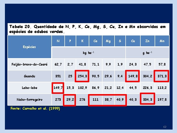 Tabela 20. Quantidade de N, P, K, Ca, Mg, S, Cu, Zn e Mn