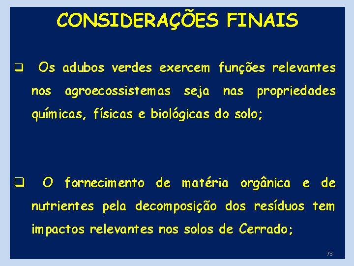 CONSIDERAÇÕES FINAIS q Os adubos verdes exercem funções relevantes nos agroecossistemas seja nas propriedades