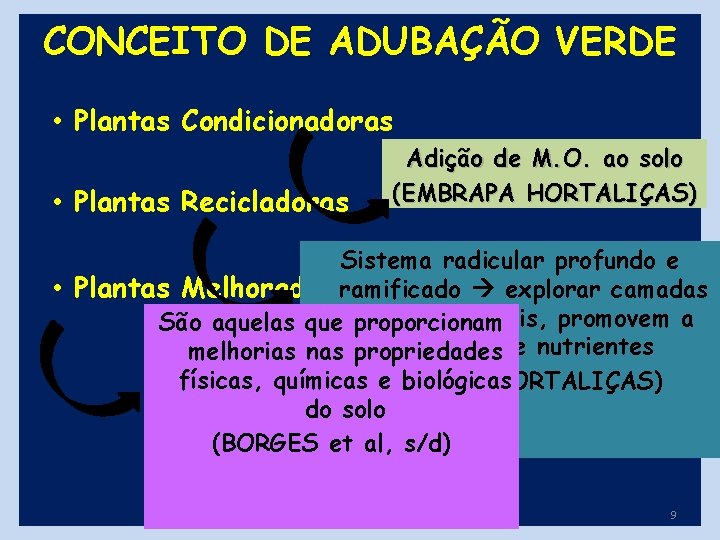 CONCEITO DE ADUBAÇÃO VERDE • Plantas Condicionadoras • Plantas Recicladoras Adição de M. O.