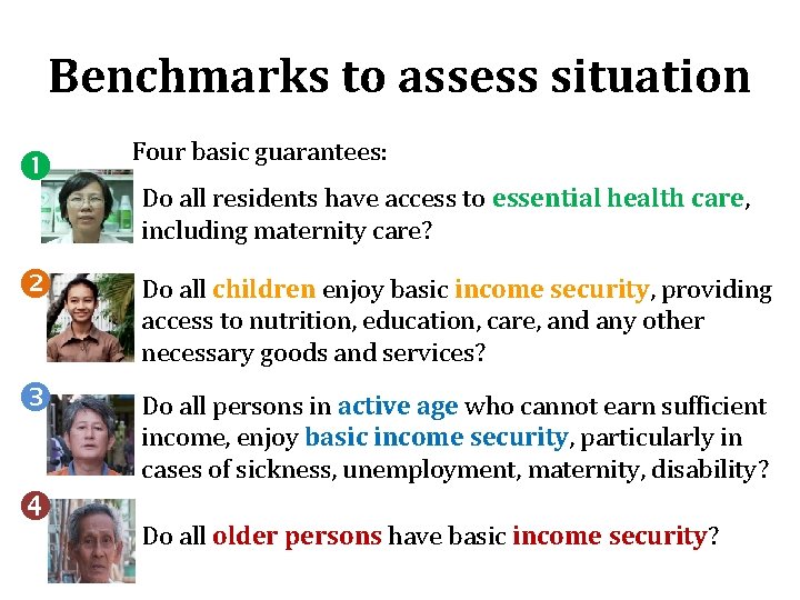 Benchmarks to assess situation Four basic guarantees: Do all residents have access to essential