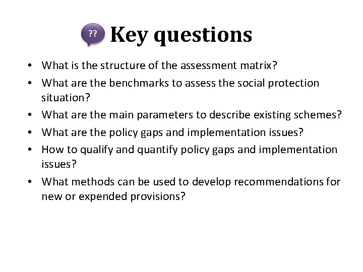 Key questions • What is the structure of the assessment matrix? • What are