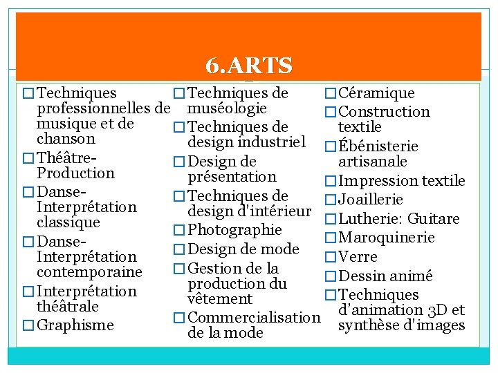 6. ARTS � Techniques de � Céramique � Construction professionnelles de muséologie musique et