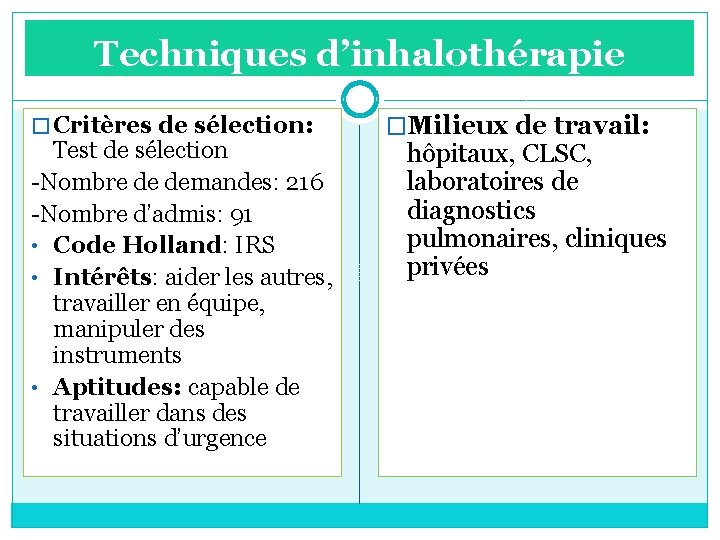 Techniques d’inhalothérapie � Critères de sélection: Test de sélection -Nombre de demandes: 216 -Nombre