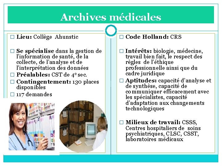 Archives médicales � Lieu: Collège Ahunstic � Code Holland: CRS � Se spécialise dans