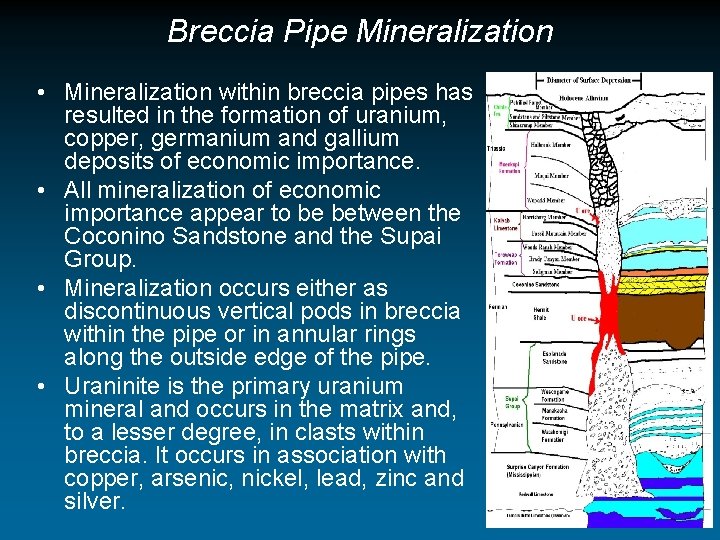 Breccia Pipe Mineralization • Mineralization within breccia pipes has resulted in the formation of