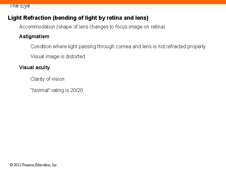 The Eye Light Refraction (bending of light by retina and lens) Accommodation (shape of