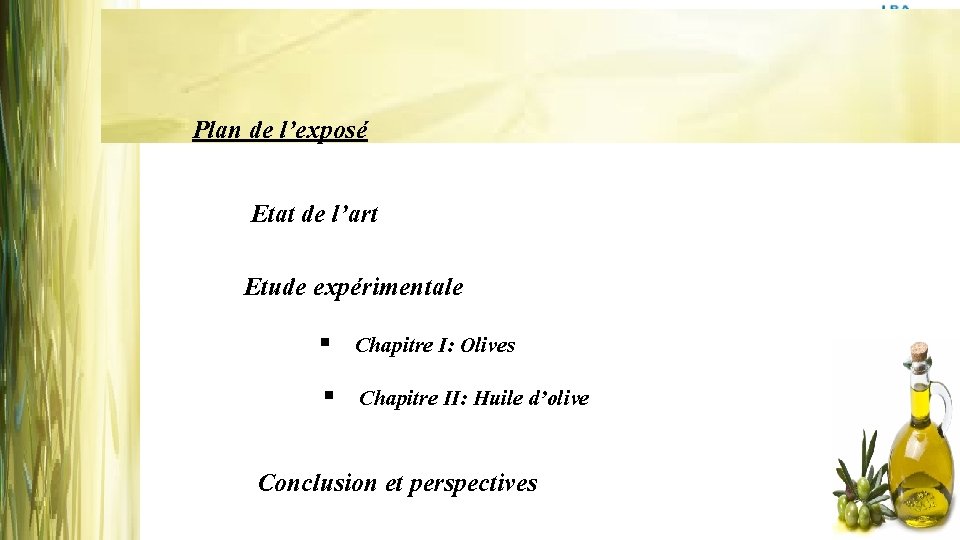 Plan de l’exposé Etat de l’art Etude expérimentale § Chapitre I: Olives § Chapitre