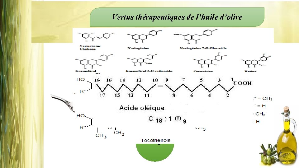 Vertus thérapeutiques de l’huile d’olive Polyphénols Tocophérols Acides gras • • Maladies coronaires Maladies