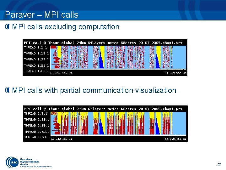 Paraver – MPI calls excluding computation MPI calls with partial communication visualization 27 