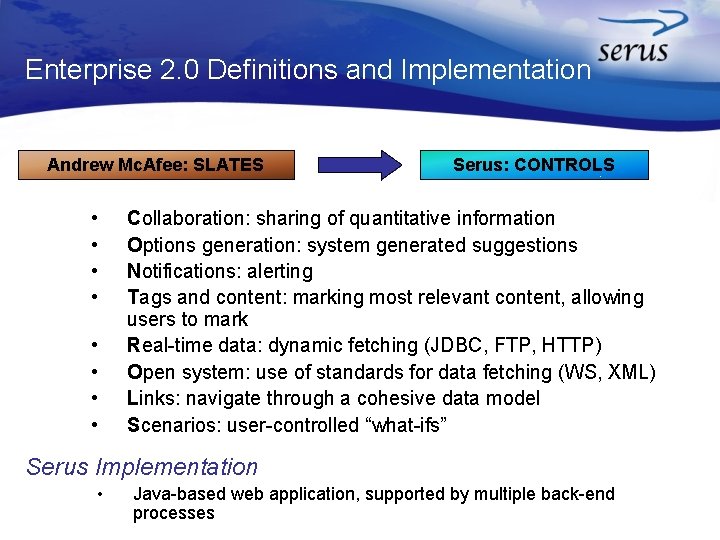 Enterprise 2. 0 Definitions and Implementation Andrew Mc. Afee: SLATES • • Serus: CONTROLS