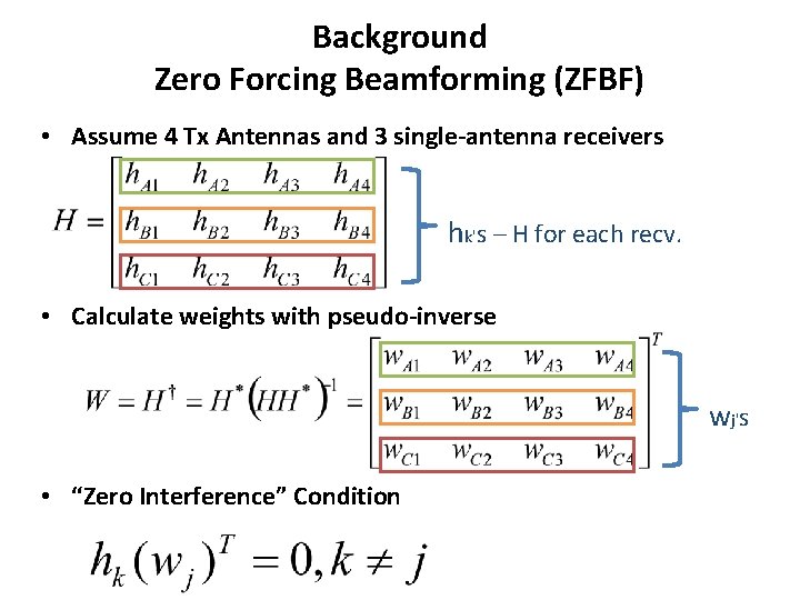 Background Zero Forcing Beamforming (ZFBF) • Assume 4 Tx Antennas and 3 single-antenna receivers