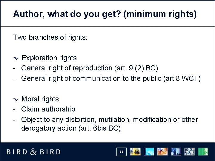 Author, what do you get? (minimum rights) Two branches of rights: Exploration rights -