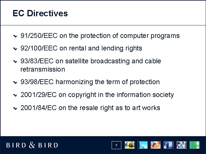 EC Directives 91/250/EEC on the protection of computer programs 92/100/EEC on rental and lending