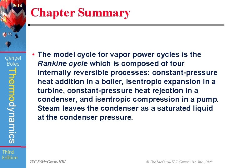 9 -14 Çengel Boles Thermodynamics Third Edition Chapter Summary • The model cycle for