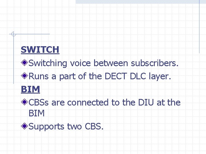 SWITCH Switching voice between subscribers. Runs a part of the DECT DLC layer. BIM