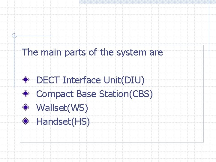 The main parts of the system are DECT Interface Unit(DIU) Compact Base Station(CBS) Wallset(WS)