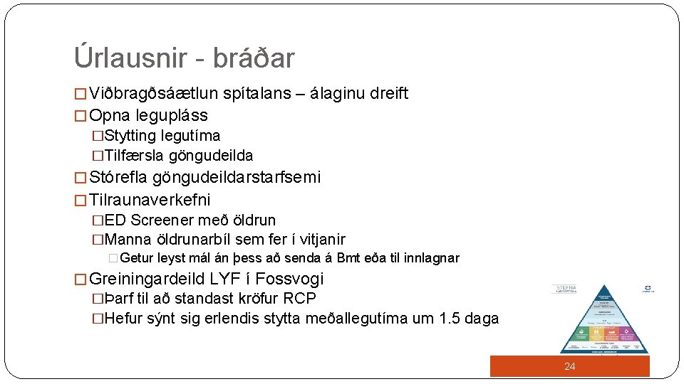 Úrlausnir - bráðar � Viðbragðsáætlun spítalans – álaginu dreift � Opna legupláss �Stytting legutíma