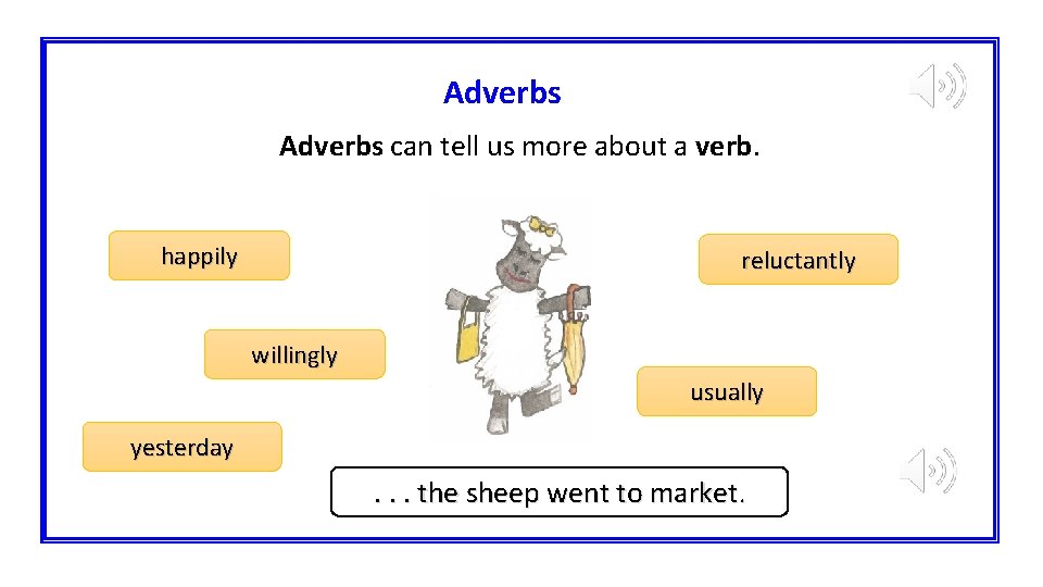 Adverbs can tell us more about a verb. happily reluctantly willingly usually yesterday .