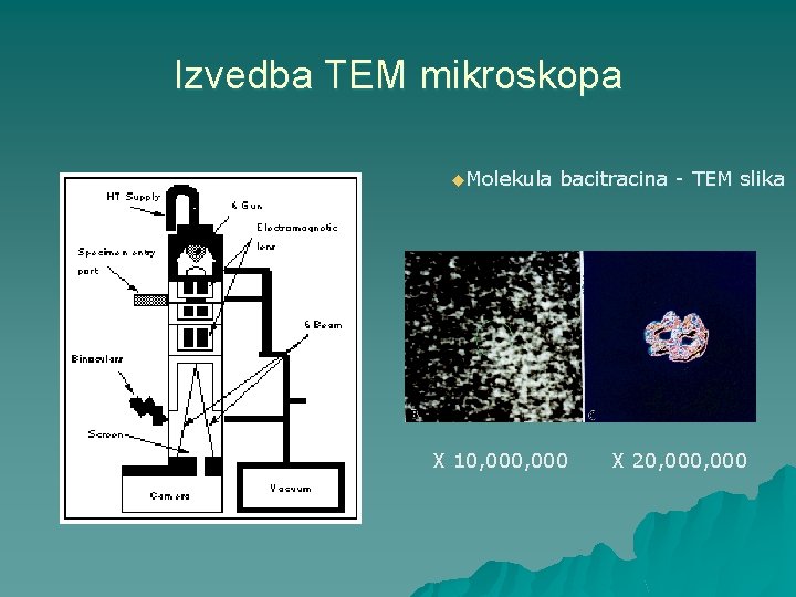 Izvedba TEM mikroskopa u. Molekula bacitracina - TEM slika X 10, 000 X 20,