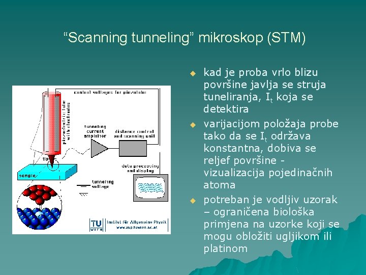 “Scanning tunneling” mikroskop (STM) u u u kad je proba vrlo blizu površine javlja