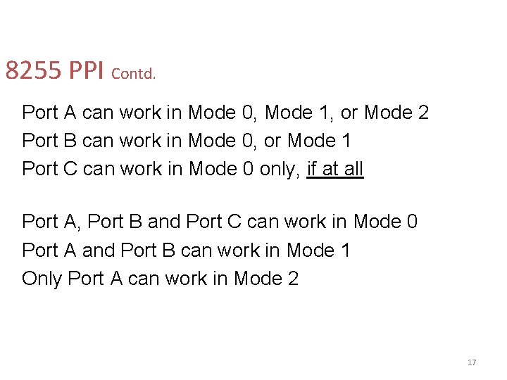 8255 PPI Contd. Port A can work in Mode 0, Mode 1, or Mode