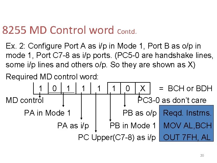 8255 MD Control word Contd. Ex. 2: Configure Port A as i/p in Mode