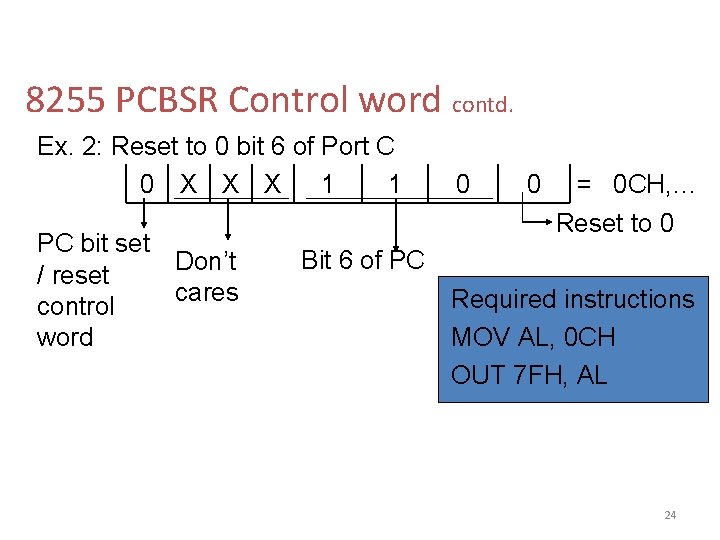 8255 PCBSR Control word contd. Ex. 2: Reset to 0 bit 6 of Port