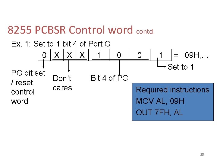 8255 PCBSR Control word contd. Ex. 1: Set to 1 bit 4 of Port