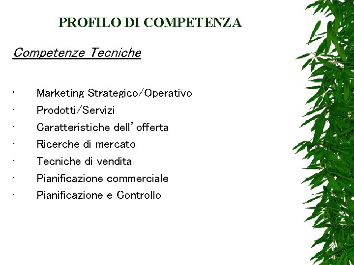 PROFILO DI COMPETENZA Competenze Tecniche · Marketing Strategico/Operativo · · · Prodotti/Servizi Caratteristiche dell’offerta