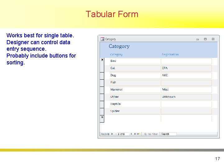 Tabular Form Works best for single table. Designer can control data entry sequence. Probably