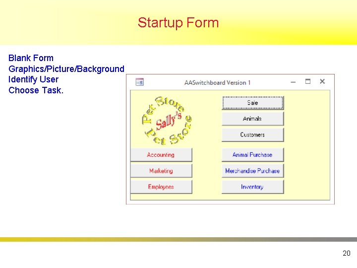 Startup Form Blank Form Graphics/Picture/Background Identify User Choose Task. 20 