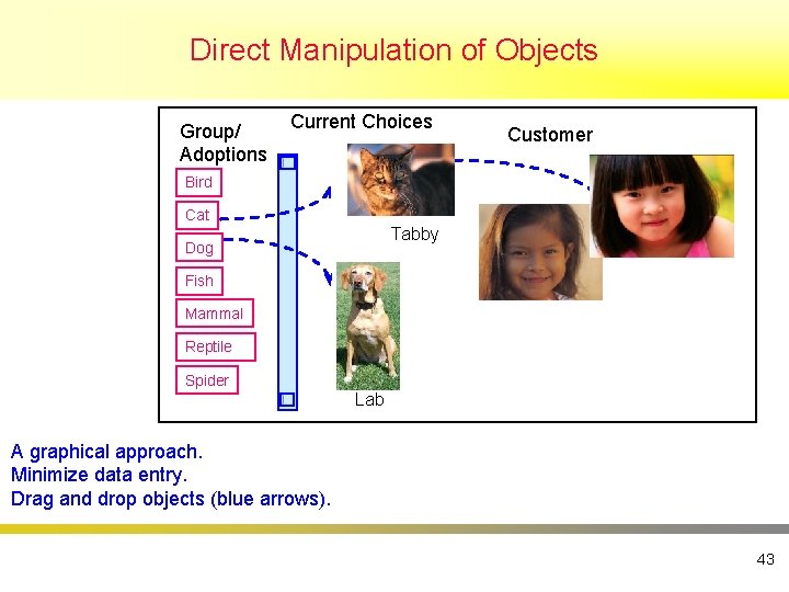 Direct Manipulation of Objects Group/ Adoptions Current Choices Customer Bird Cat Tabby Dog Fish