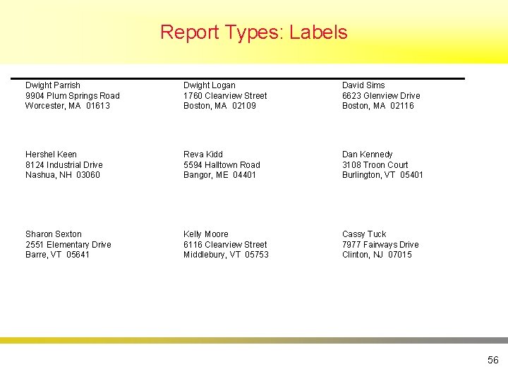 Report Types: Labels Dwight Parrish 9904 Plum Springs Road Worcester, MA 01613 Dwight Logan