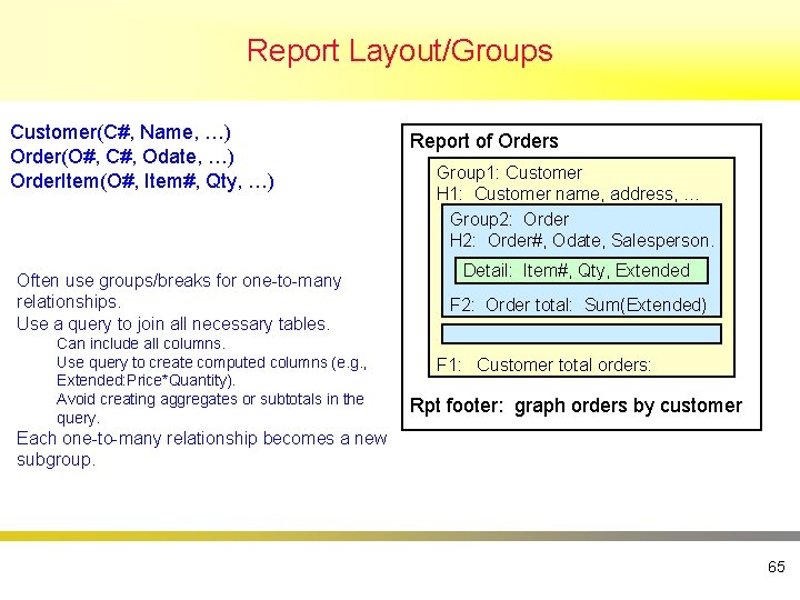 Report Layout/Groups Customer(C#, Name, …) Order(O#, C#, Odate, …) Order. Item(O#, Item#, Qty, …)