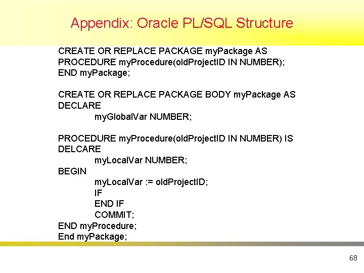 Appendix: Oracle PL/SQL Structure CREATE OR REPLACE PACKAGE my. Package AS PROCEDURE my. Procedure(old.