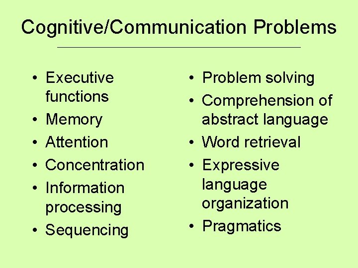 Cognitive/Communication Problems ____________________________ • Executive functions • Memory • Attention • Concentration • Information