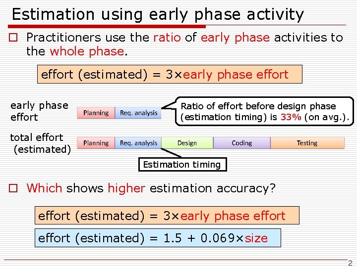 Estimation using early phase activity o Practitioners use the ratio of early phase activities