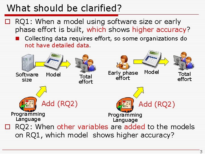 What should be clarified? o RQ 1: When a model using software size or