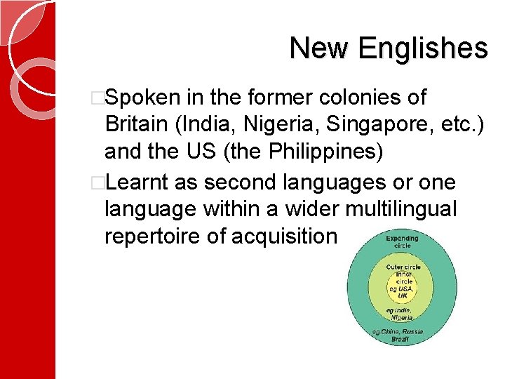  New Englishes �Spoken in the former colonies of Britain (India, Nigeria, Singapore, etc.