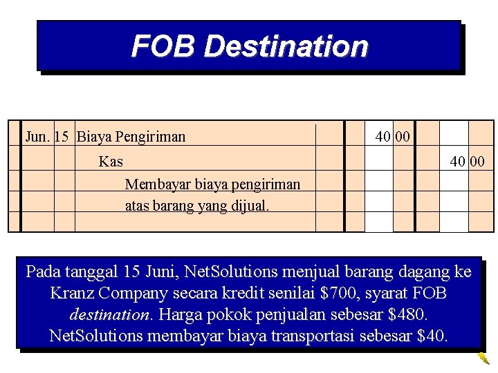 FOB Destination Jun. 15 Biaya Pengiriman Kas 40 00 Membayar biaya pengiriman atas barang