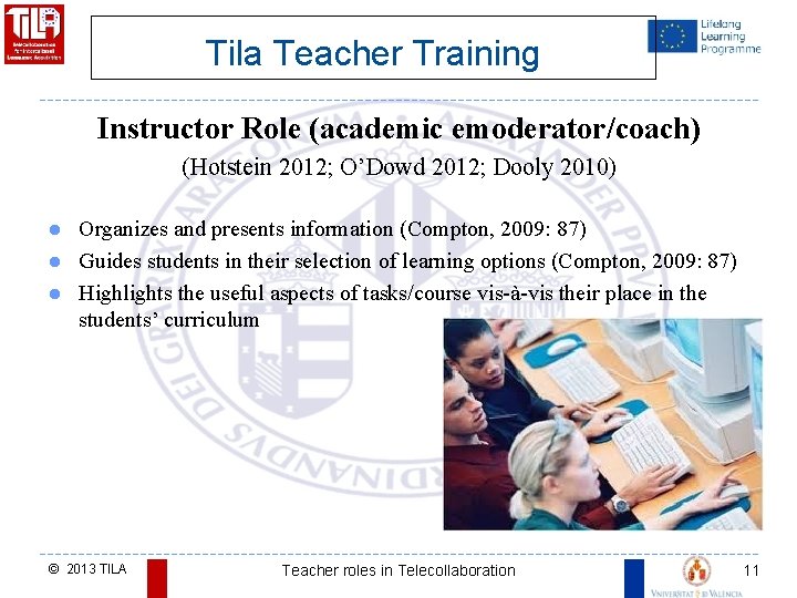 Tila Teacher Training Instructor Role (academic emoderator/coach) (Hotstein 2012; O’Dowd 2012; Dooly 2010) Organizes