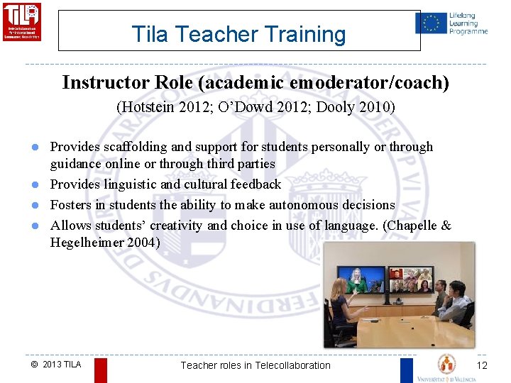 Tila Teacher Training Instructor Role (academic emoderator/coach) (Hotstein 2012; O’Dowd 2012; Dooly 2010) Provides