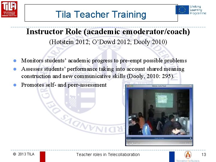 Tila Teacher Training Instructor Role (academic emoderator/coach) (Hotstein 2012; O’Dowd 2012; Dooly 2010) Monitors