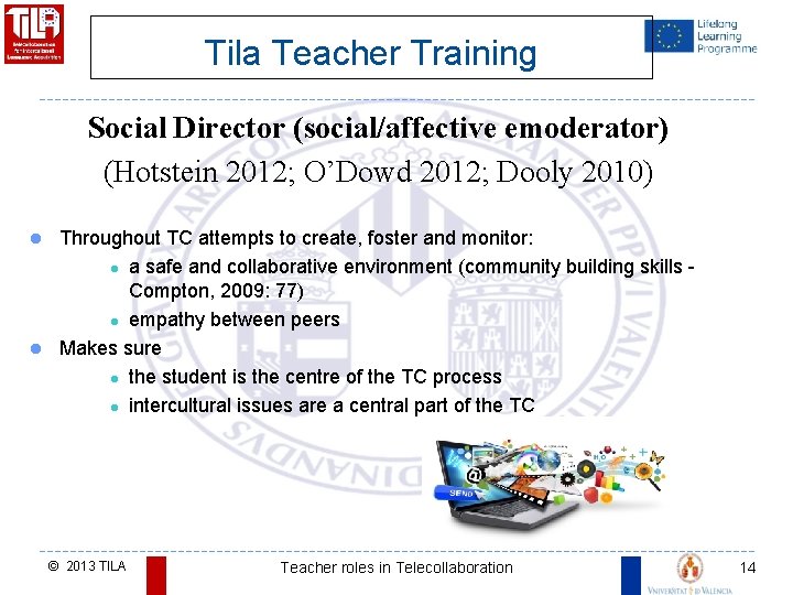 Tila Teacher Training Social Director (social/affective emoderator) (Hotstein 2012; O’Dowd 2012; Dooly 2010) Throughout